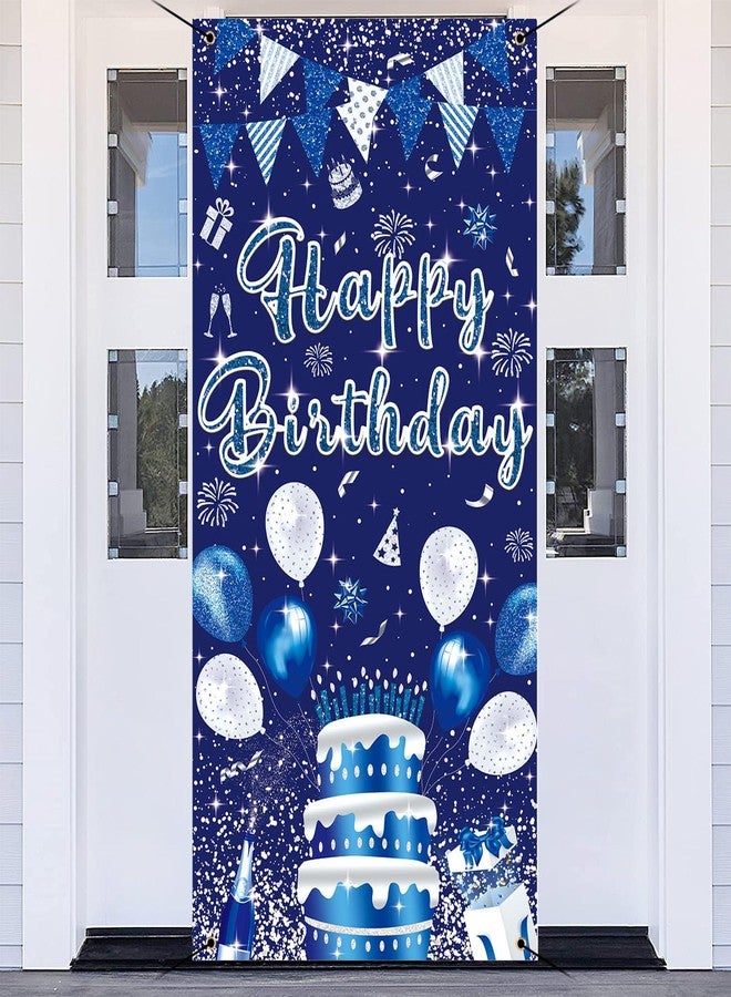 GYA 3x6ft Blue Silver Birthday Door Banner Navy Blue Glitter Sequin Happy Birthday Background Cake Balloons Gifts Backdrops Kids Celebration Party Decor - Image 1